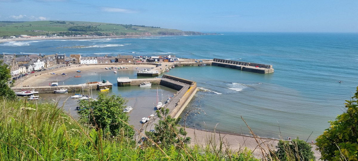 A sunny day, overlooking Stonehaven harbour from the path that leads up to the war memorial. The sea is blue and calm.