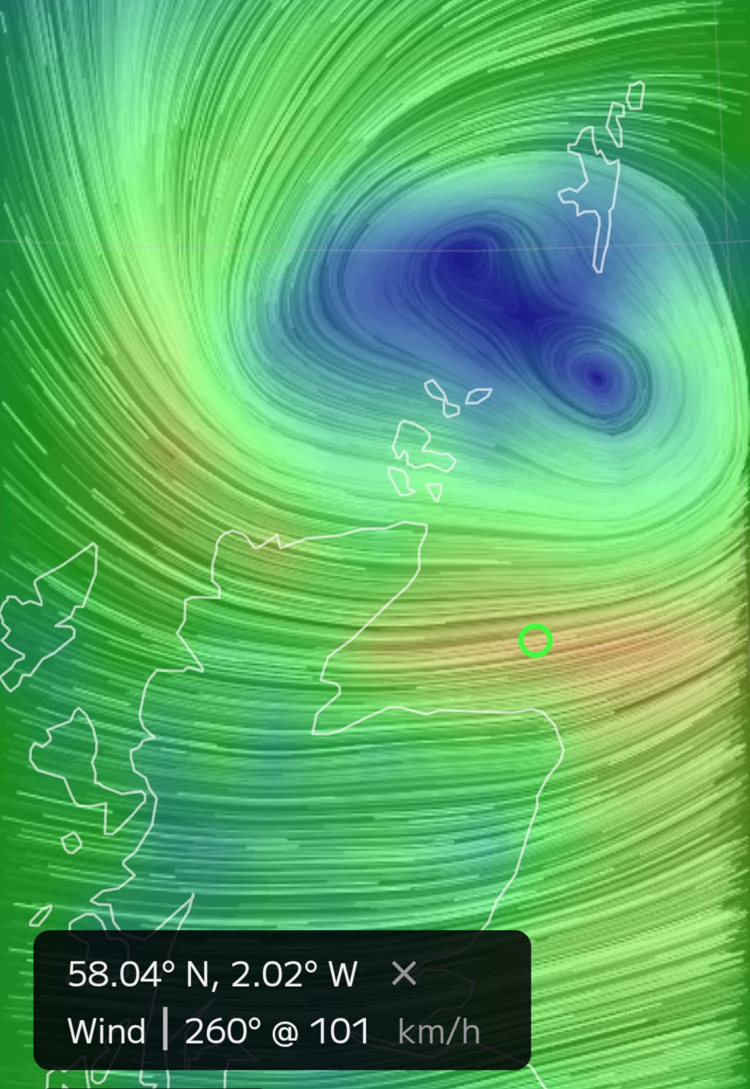 Storm Floris A wind map of Storm Floris showing a peak wind of 101 km/h