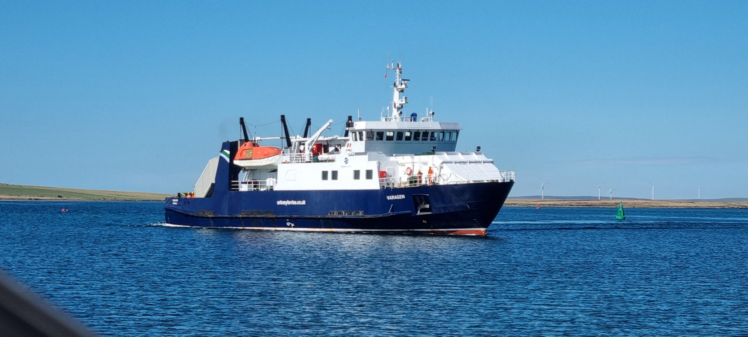 Orkney Ferries the Varagen A picture of the blue and white Varagen run by Orkney Ferries coming into Whitehall village on Stronsay.