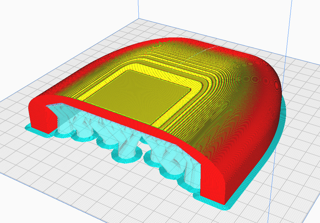 half cover in cura An image of half of a PLA cover for the brewery rendered in the Cura print preparation software.