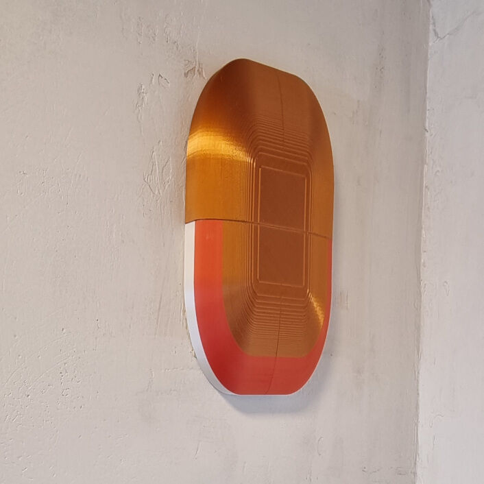 installed cover in the brewey The final copper, white and red PLA plastic installed wall cover in the brewery