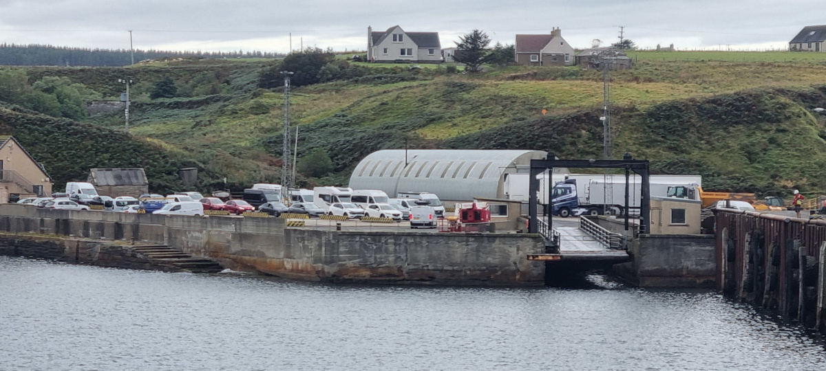 View towards Gill's bay as the Pentalina docks. Rows of motorhomes are checked in waiting to cross to Saint Margaret's Hope in South Ronaldsay, Orkney