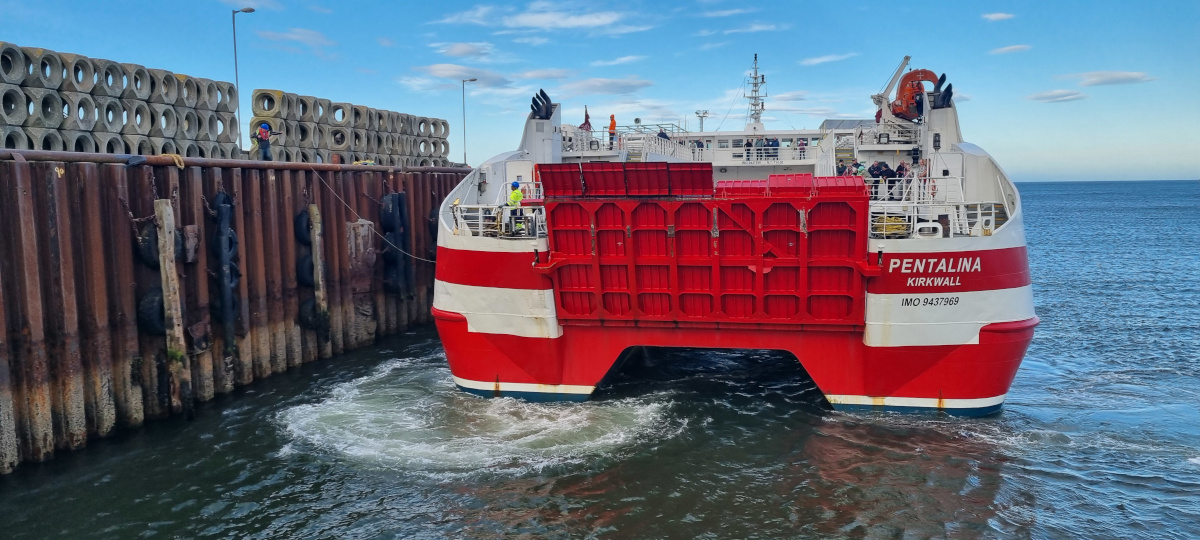 The Pentalina reverses into the pier at Gill's bay on the north coats of Scotland.