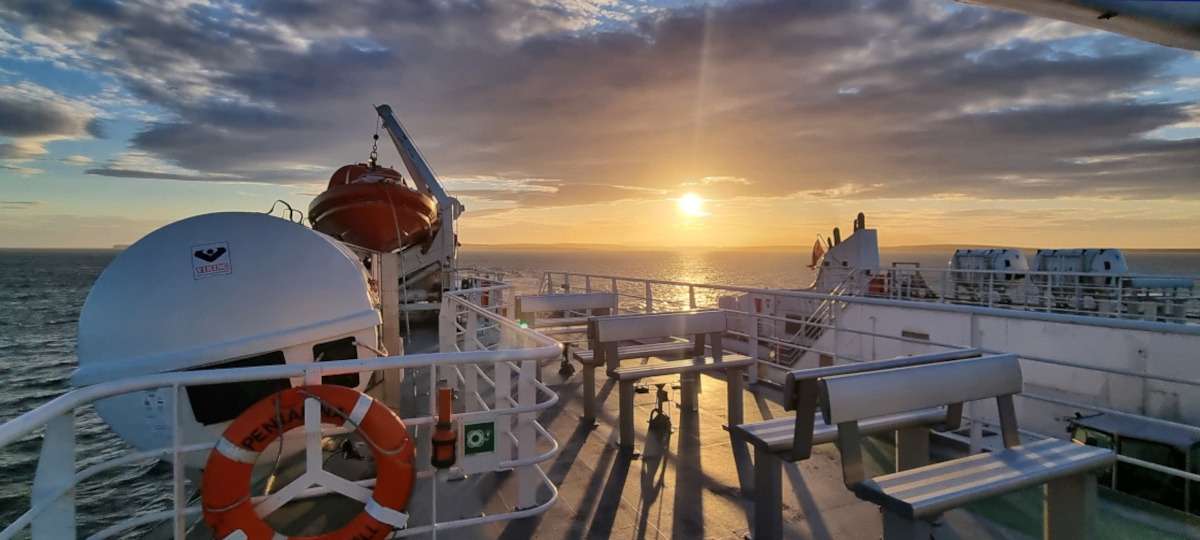 Sunset seen looking aft from the Pentalina crossing the Pentland Firth.