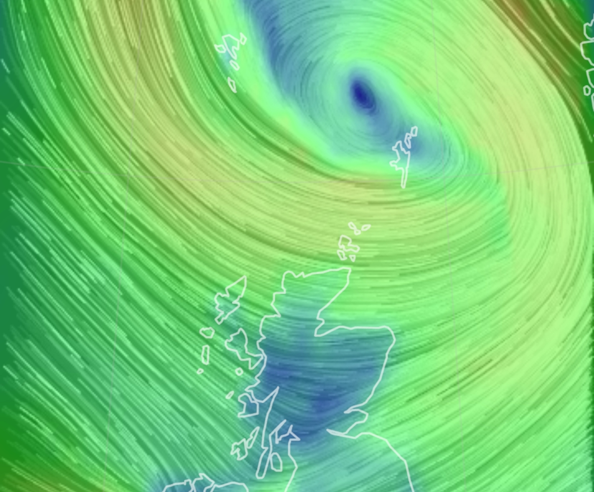 An image from a weather app showing storm Amy hitting Orkney