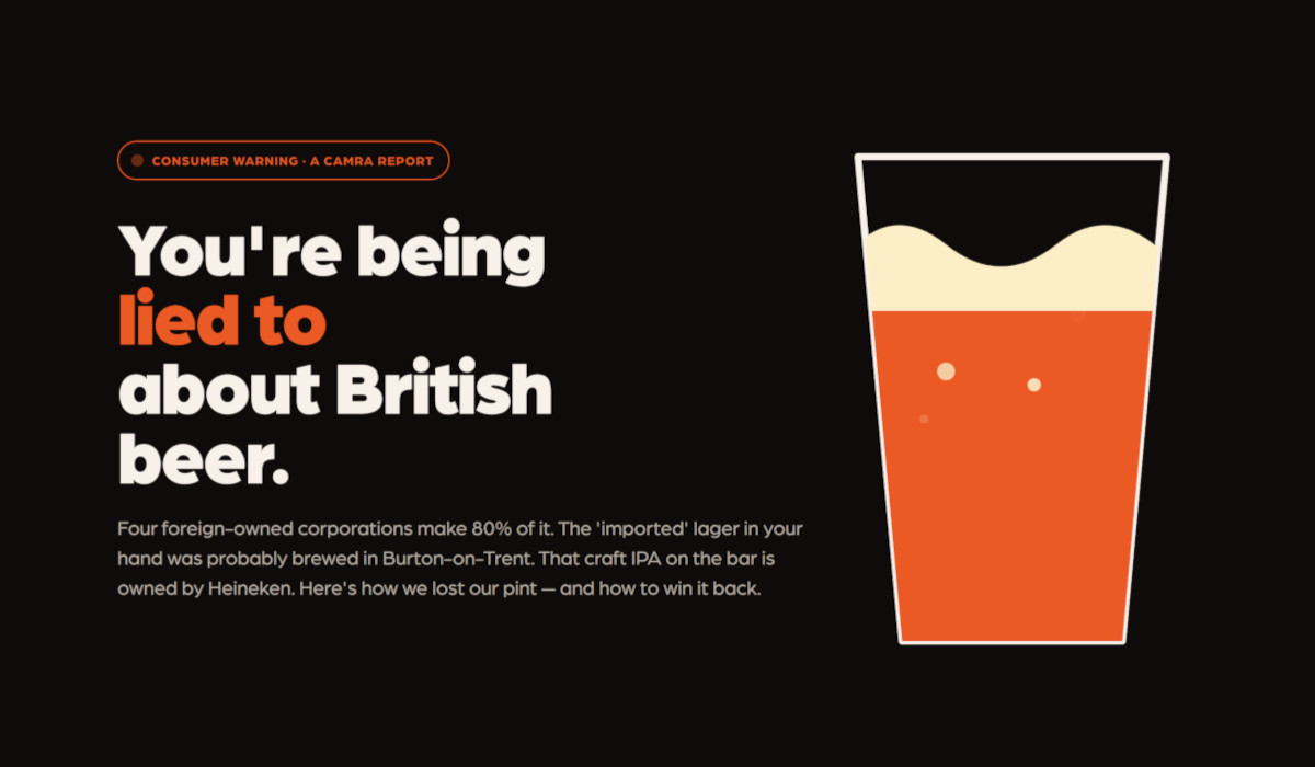 CAMRA website consumer report image that announces "You are being lied to about British beer"
